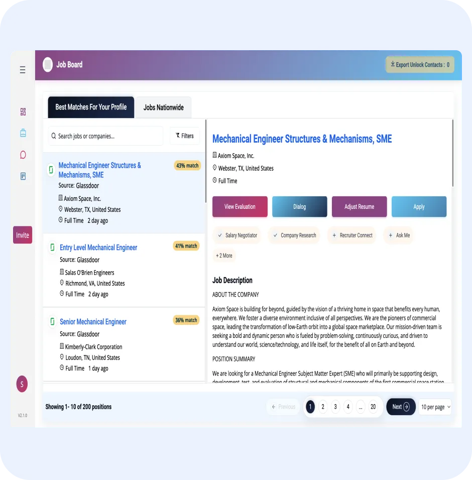 Job board interface displaying job listings for Mechanical Engineer positions, featuring options to evaluate resumes, generate cover letters, and apply directly, emphasizing AI-powered job application tools.